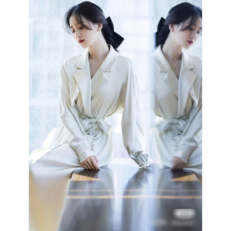 Effortless Chic Gloss 100% Heavy Silk Satin Champagne Double Breasted Belted Trench Elegant Turn-Collar Long Coat Event Outwear