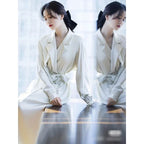 Effortless Chic Gloss 100% Heavy Silk Satin Champagne Double Breasted Belted Trench Elegant Turn-Collar Long Coat Event Outwear