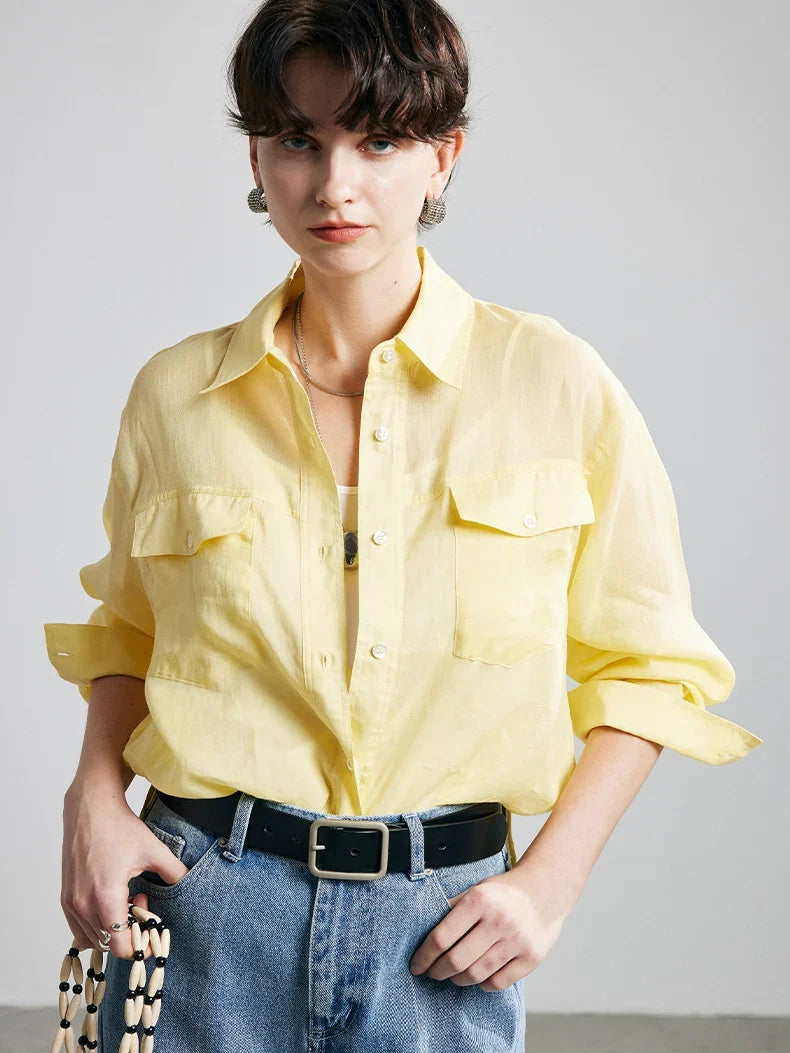 100% Ramie Loose-Fit Blouse  -  Women's Turn-Down Collar Shirt with Double Chest Pockets
