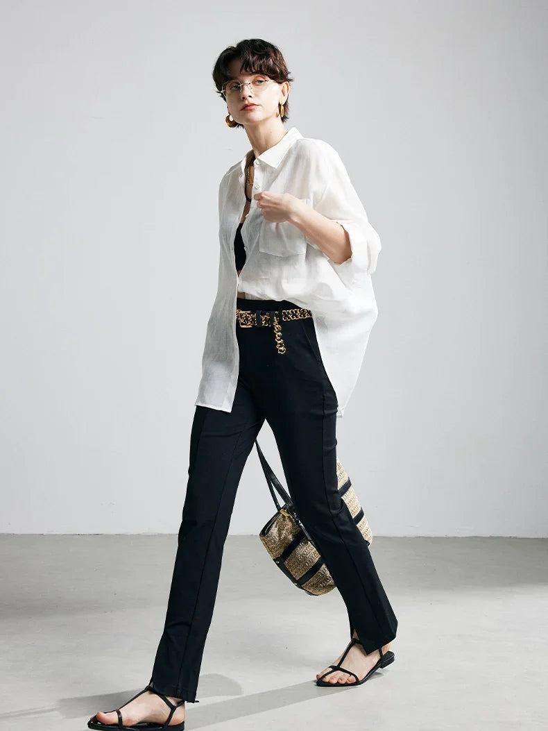 100% Ramie Solid Blouse  -  Women's Loose-Fit Shirt with Turn-Down Collar & Chest Pocket