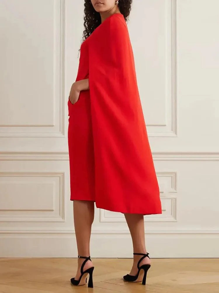 Chic Red O-Neck Evening Dress with Cape Sleeves