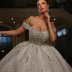 Off-the-Shoulder Beaded Wedding Dress – Rhinestone Embellishments & Lace-Up Ball Gown, Custom Made