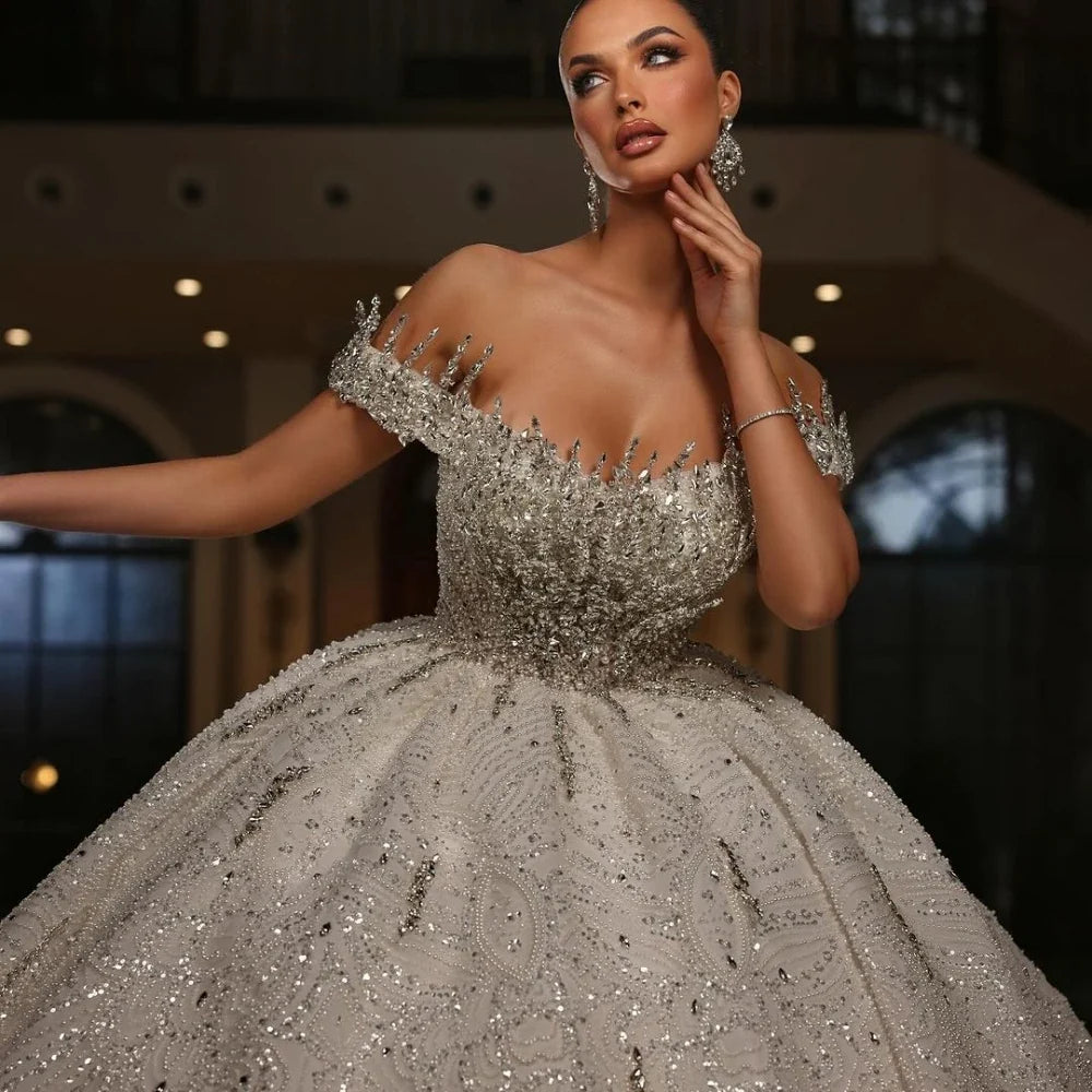 Off-the-Shoulder Beaded Wedding Dress – Rhinestone Embellishments & Lace-Up Ball Gown, Custom Made