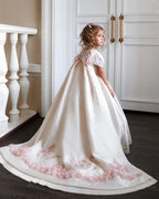Customized Communion Ceremony Dress Boutique Girl Kid Cape Sleeve Satin with Detachable Skirt Ball Gown Formal Party