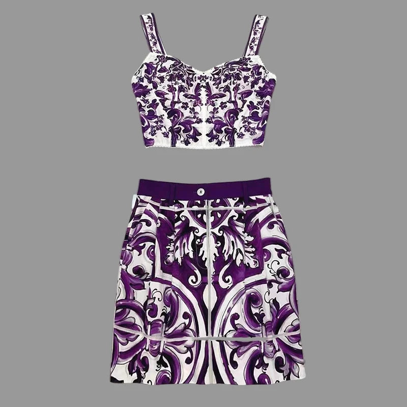 Elegant Women's Silk Top & Printed Cotton Skirt Set – 2-Piece Turn-Down Collar Outfit