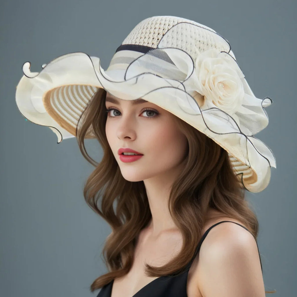 Elegant Women's Summer Sun Hat – Breathable Organdy, Foldable Design, Woven Crown with Flower Decoration
