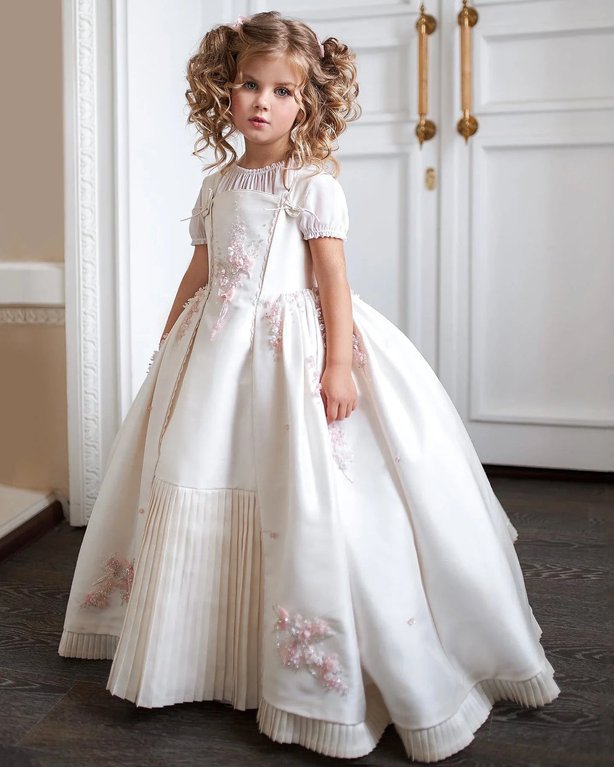 Customized Communion Ceremony Dress Boutique Girl Kid Cape Sleeve Satin with Detachable Skirt Ball Gown Formal Party