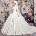 Modest High Neck Long Sleeve Wedding Dress – Tulle & Lace with Beading, Custom Made