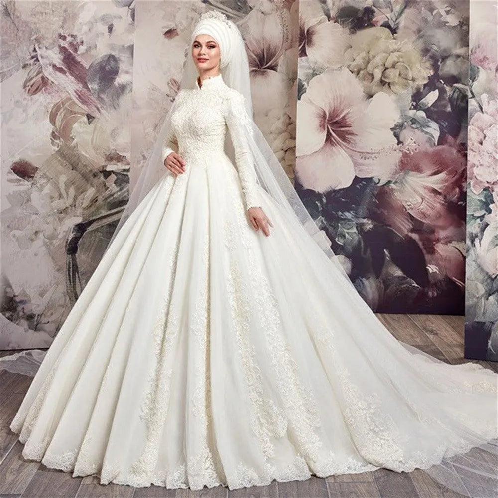 Modest High Neck Long Sleeve Wedding Dress – Tulle & Lace with Beading, Custom Made