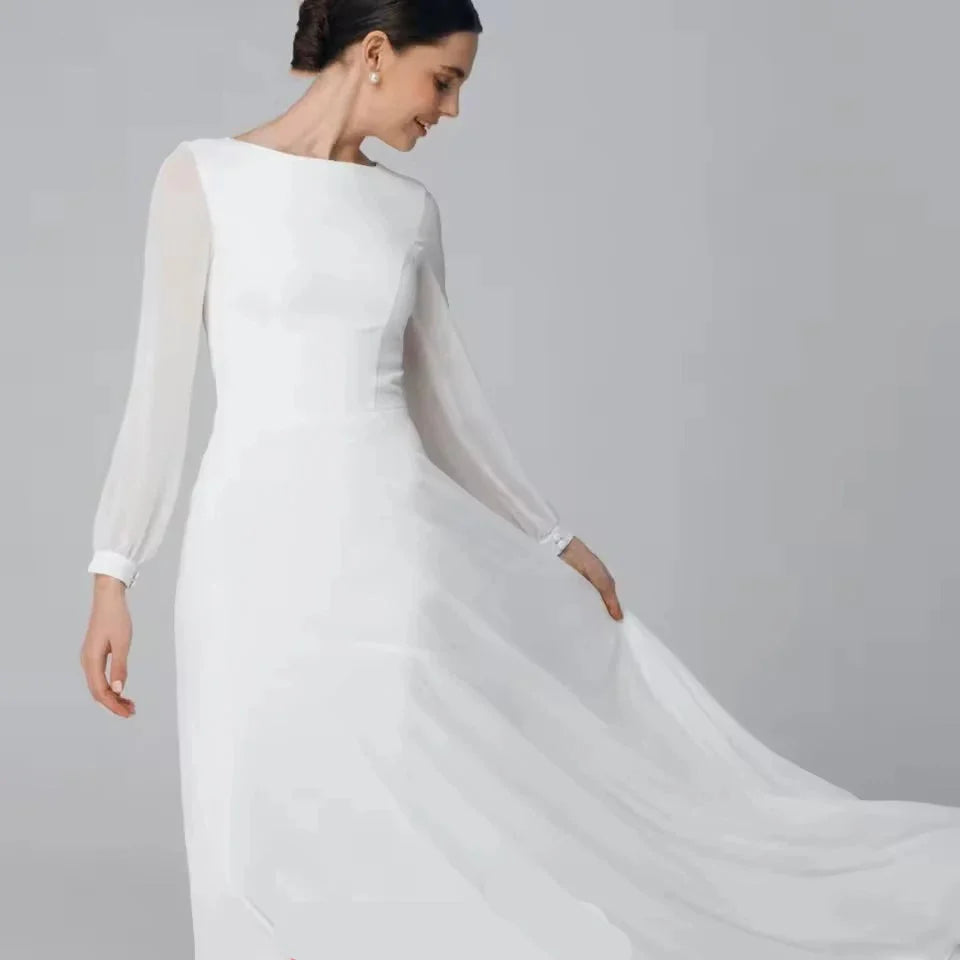 Ivory A-Line Wedding Dress – O-Neck Satin Chiffon, Floor-Length Bridal Gown, Custom Made