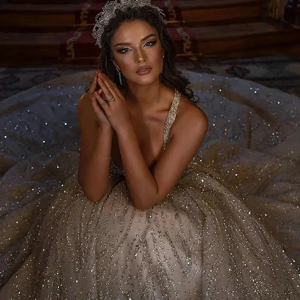 Crystal Ball Gown Wedding Dress – Diamond Beading & Floor-Length Shine, Custom Made