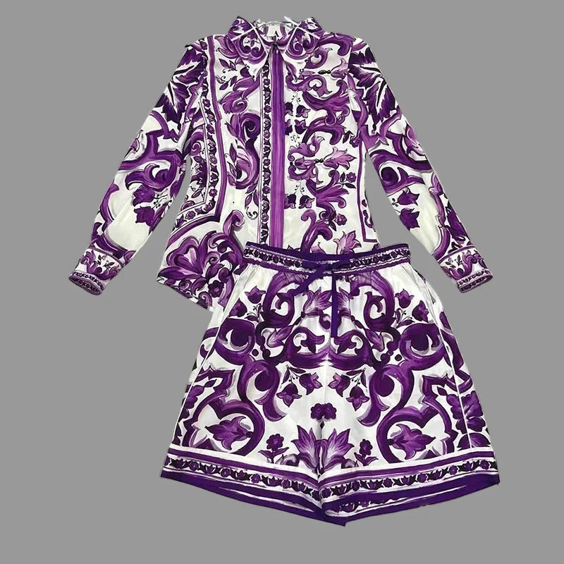Elegant Women's Silk Top & Printed Cotton Skirt Set – 2-Piece Turn-Down Collar Outfit