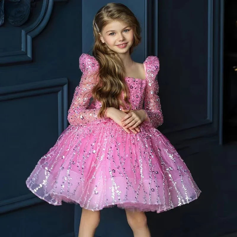 Girls Dress Sequin Mesh Long-sleeved Birthday Party  Outfit Matching BabyProm New children's Clothes Opening Ceremony