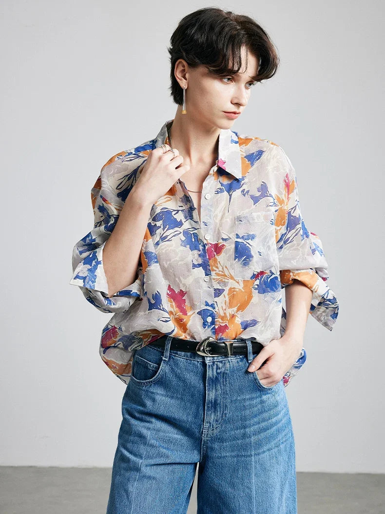 100% Ramie Floral Blouse  -  Women's Printed Shirt with Turn-Down Collar