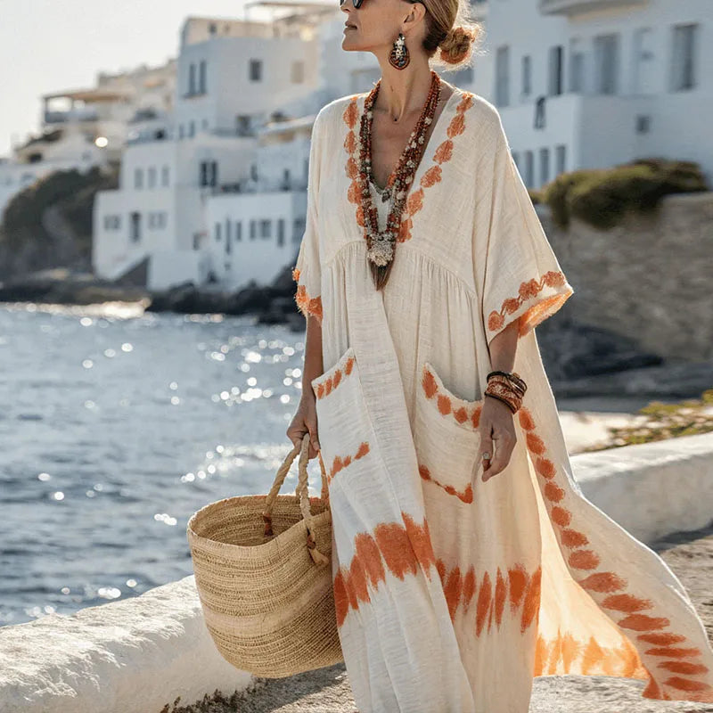 Elegant Bohemian Maxi Dress – Summer V-Neck Short Sleeve Casual Vacation Dress with Pockets for Women