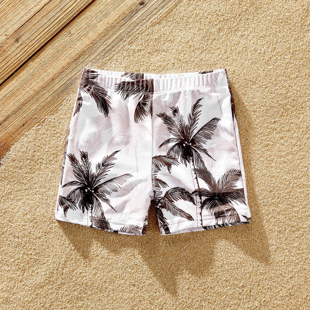 Family Matching Coconut Tree Print Swimwear  |  Ruched One-Piece Swimsuit & Swim Trunks Beach Set