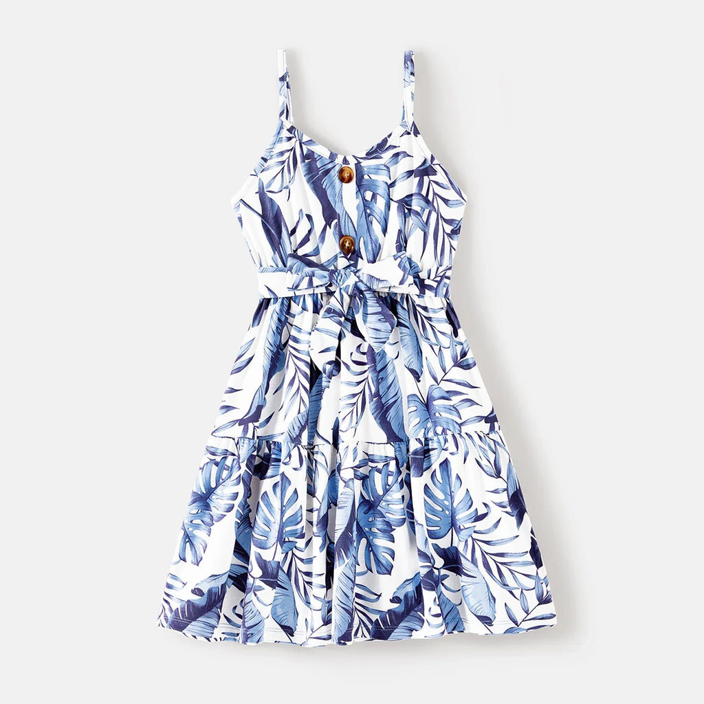 Family Matching Outfits Naia Blue Floral Tee Button Ruffle Hem Strap Dress