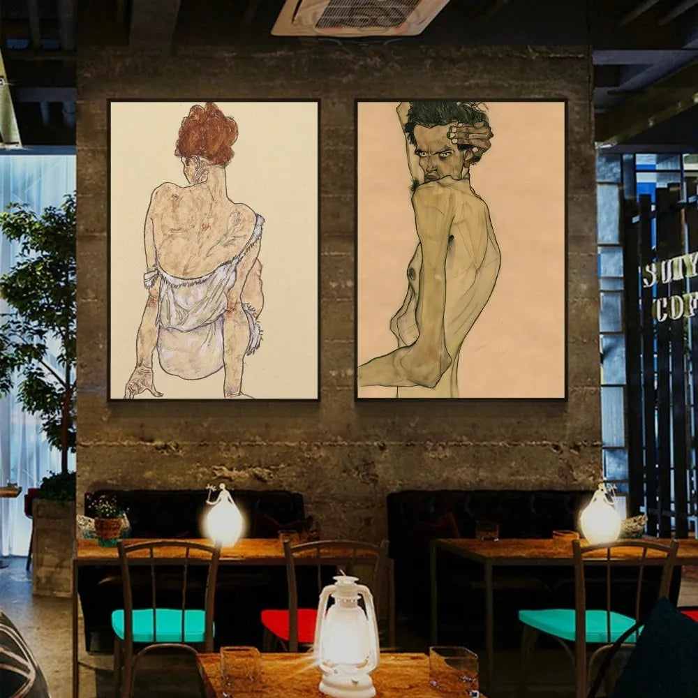 Egon Schiele Self-Adhesive Art Poster – Waterproof Wall Sticker for Coffee House, Bar, or Living Room Decor (1pc)