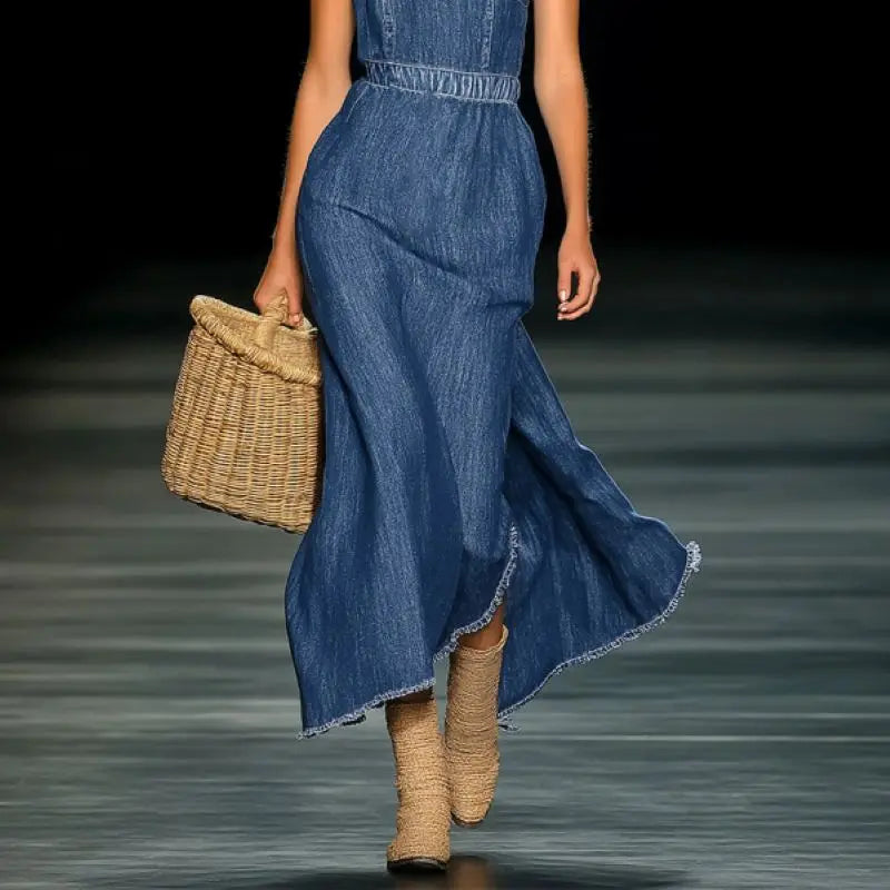 Elegant Strapless Denim 3D Floral Maxi Dress for Women, Beach Wedding Party Long Gown with Split Side
