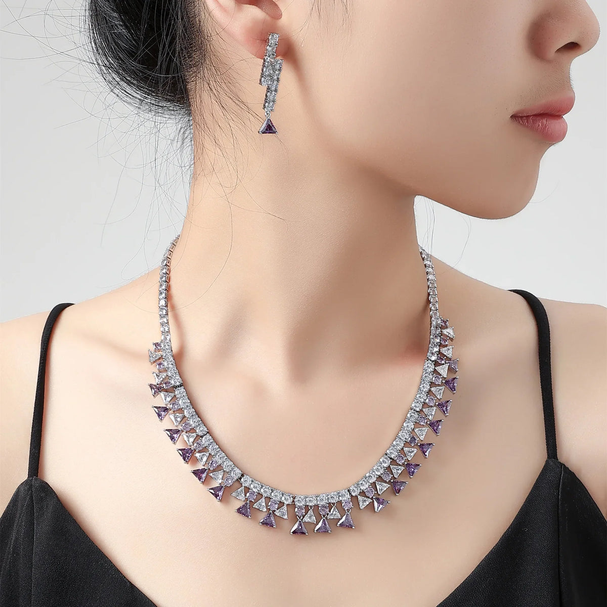 Geometric Triangle Zircon Jewelry Set for Women  Shiny Necklace & Earrings for Dubai Bridal Wedding or Party Gift