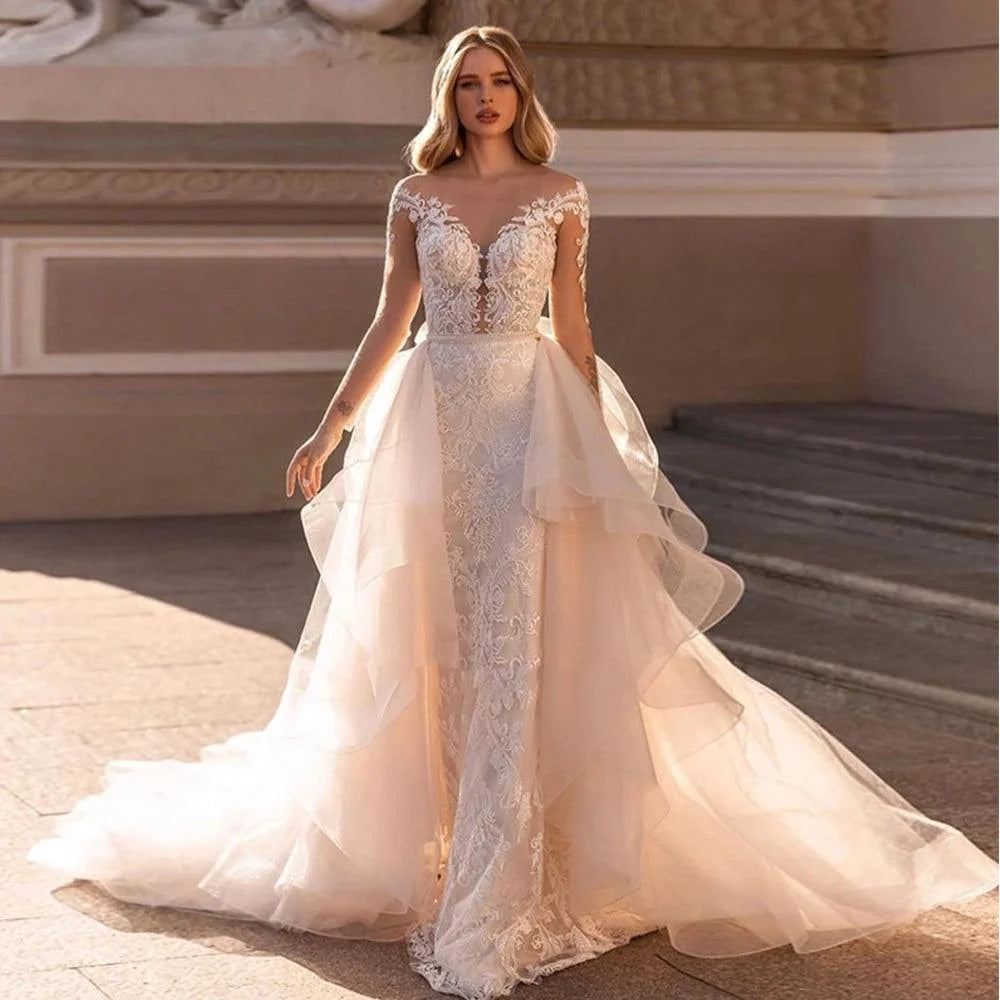 Lace Mermaid Wedding Dress – Detachable Ruffle Skirt, Beaded Detail & Button Back, Custom Made