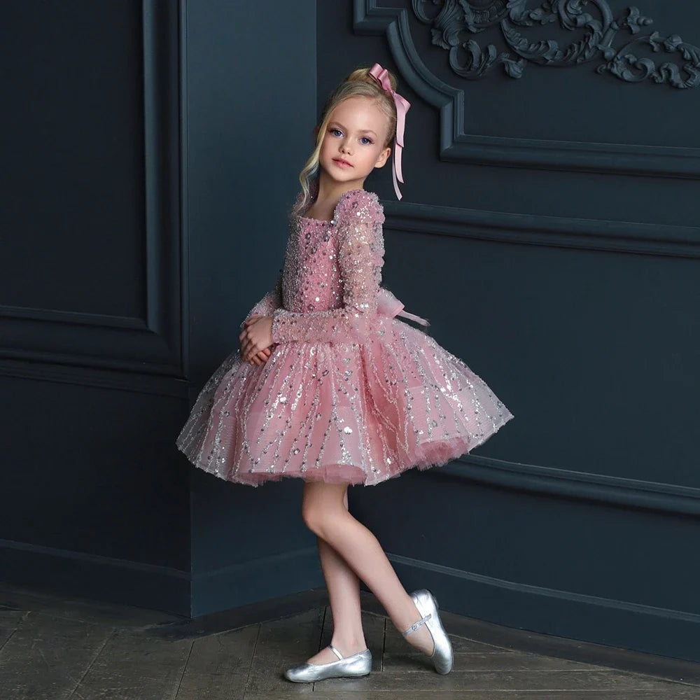 Elegant Pink Flower Girl Dress with Sequins A-Line Long Sleeve Christmas Princess Dress
