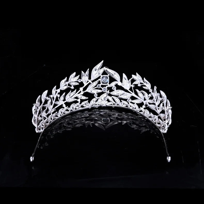 Cubic Zirconia Leaf Tiara  -  Bridal Crown Headband for Brides, Princess or Queen Style Wedding Hair Accessories
