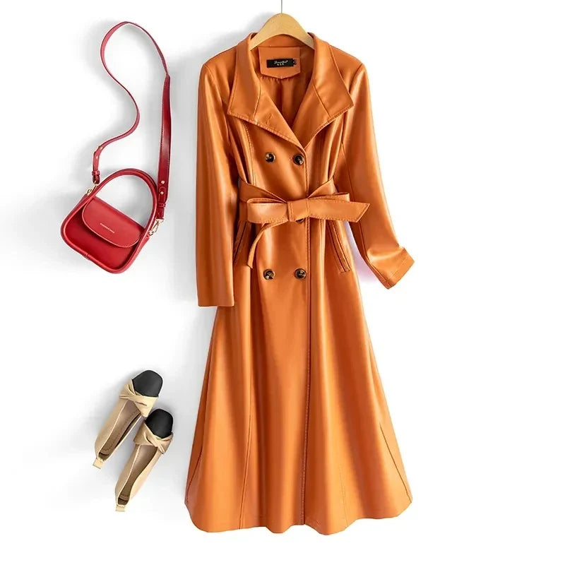 Elegant Women'sSheepskin Leather Trench Coat  –  Double Breasted Slim Long Coat with Stand Collar & Lace-Up Detail