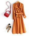 Elegant Women'sSheepskin Leather Trench Coat  –  Double Breasted Slim Long Coat with Stand Collar & Lace-Up Detail