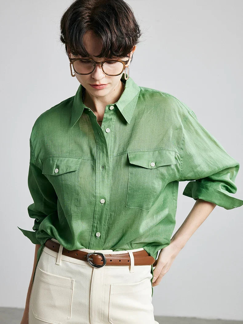 100% Ramie Loose-Fit Blouse  -  Women's Turn-Down Collar Shirt with Double Chest Pockets