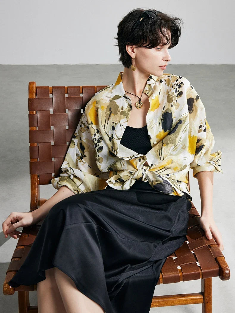 100% Ramie Floral Blouse  -  Pink Turn-Down Collar Shirt