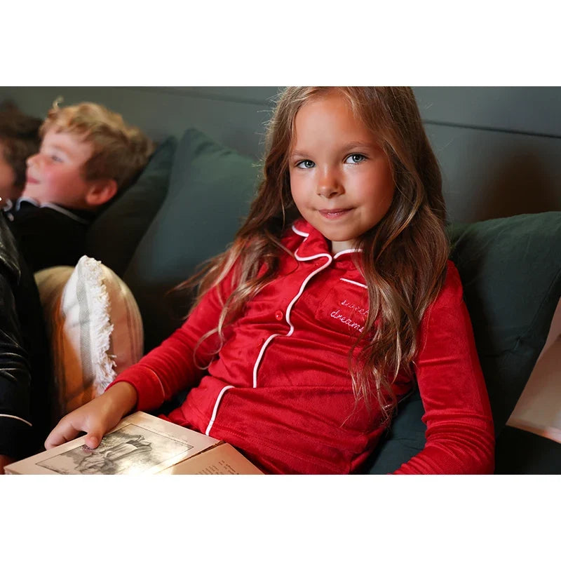 Ali Plus AW25 Grandfather Pjs Black And Red Ribbed Velour Brother And Sister Matches Clothing