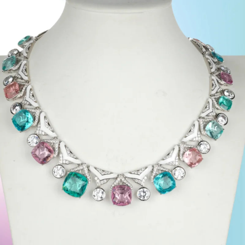 925 Sterling Silver Full Zircon Necklace Colorful Synthetic Stones | GDTC Certified | Customizable Trendy Jewelry for Women