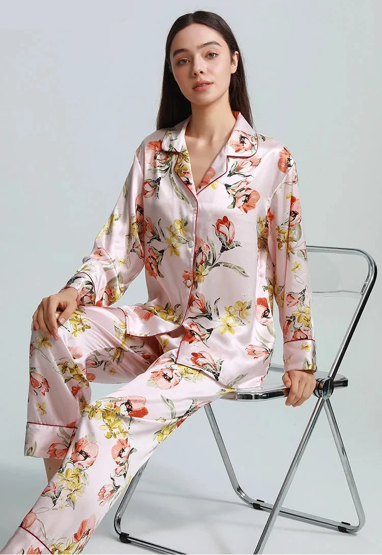 100% Real Silk Women's Pajama Set  |  Printed Long-Sleeve Summer Home Suit
