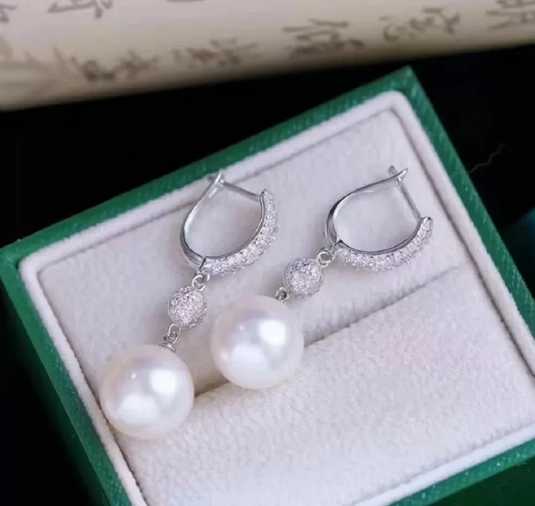 AAA10-11mm 11-12mm Natural South Sea Round White Pearl Earrings 925s Exquisite Earrings