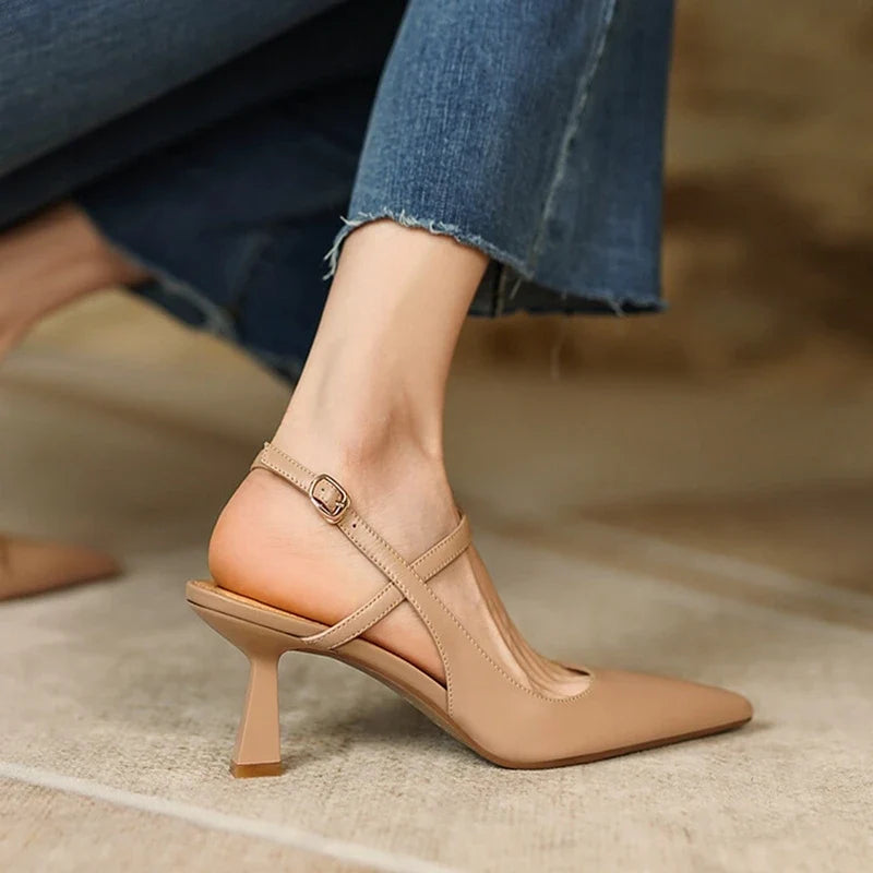 Genuine Leather Shoes for Women – Slingback Elegant High Heels for Party