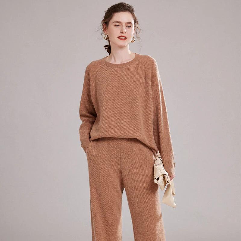 Autumn Winter 100% Cashmere Knitted Two-Piece Set – High-Quality Sweater and Harem Pants for Women