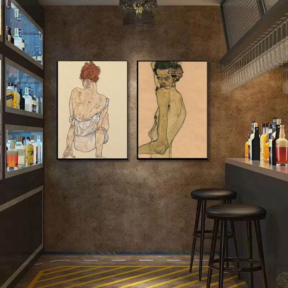 Egon Schiele Self-Adhesive Art Poster – Waterproof Wall Sticker for Coffee House, Bar, or Living Room Decor (1pc)