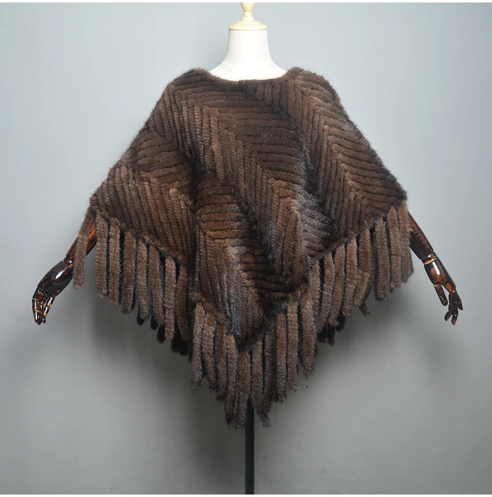 2024 Hot Sale Women Real Fur Poncho Black Brown Knitted Natural Mink Fur Scarves Shawl Lady Fashion 100% Genuine Mink Fur Shawls