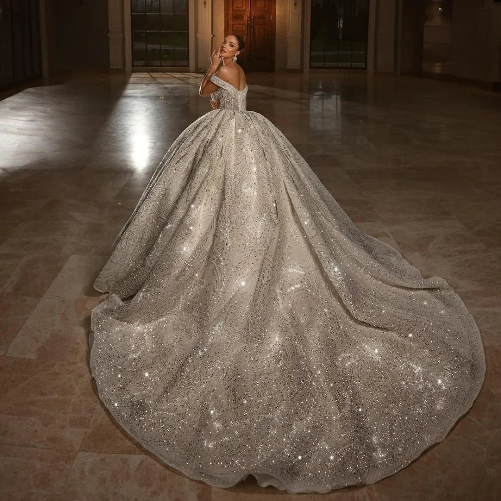 Off-the-Shoulder Beaded Wedding Dress – Rhinestone Embellishments & Lace-Up Ball Gown, Custom Made