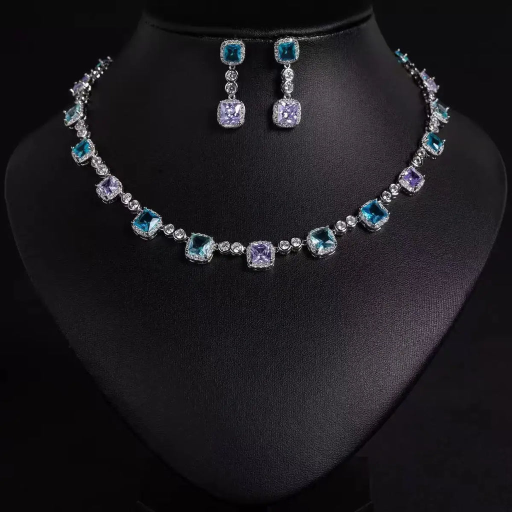 2-Piece Luxury Small Square Zirconia Jewelry Set Elegant Necklace & Earrings for Women | Party, Festival, Prom & Summer Date Look (S-650)