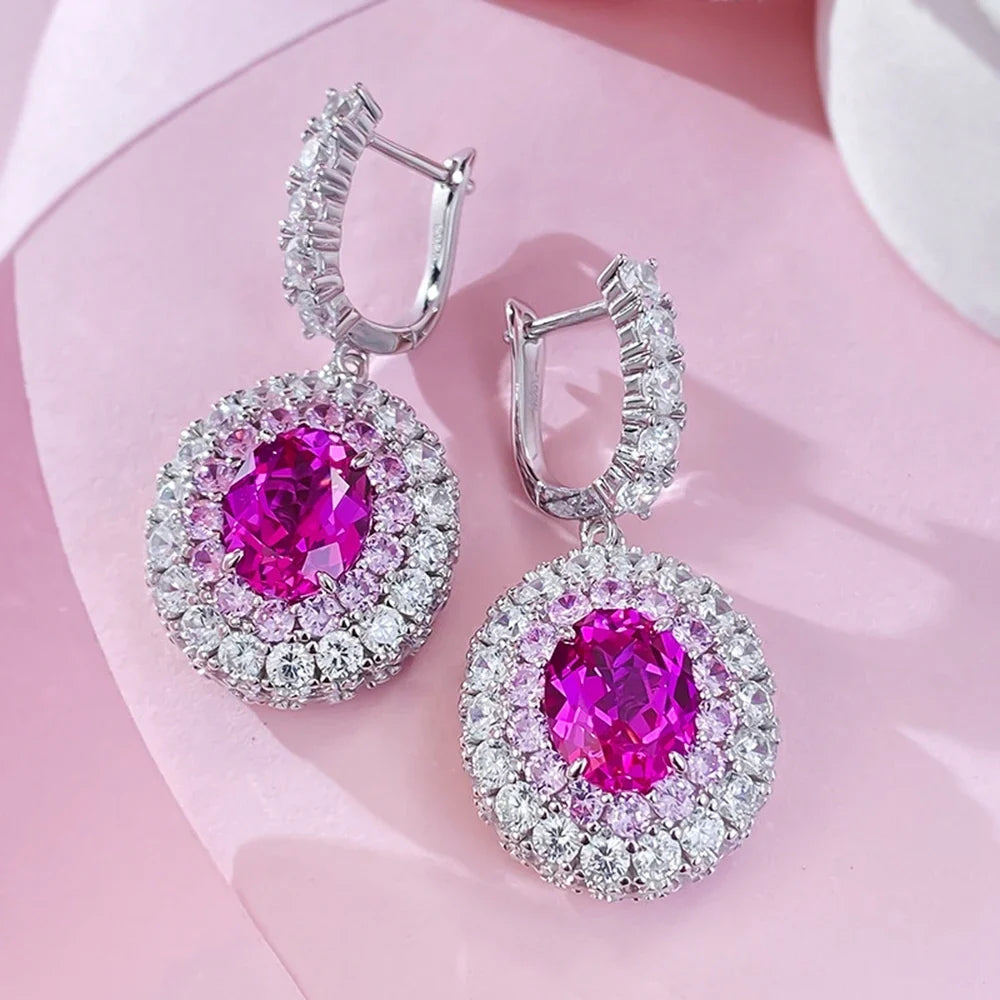 100% 925 Sterling Silver  8-M Oval Lab Sapphire Drop Earrings High Carbon Diamond Accents | Sparkling Fine Jewelry for Women