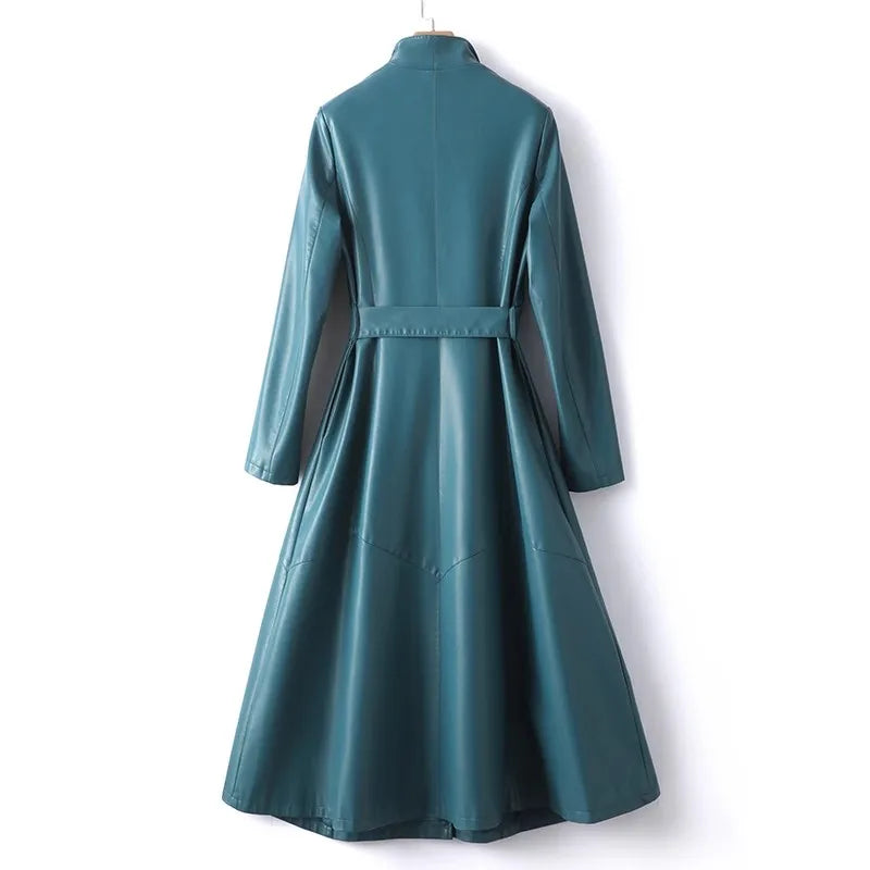 Elegant Sheepskin Leather Trench Coat for Women  –  Double Breasted Office Lady Long Coat with Pockets & Adjustable Waist