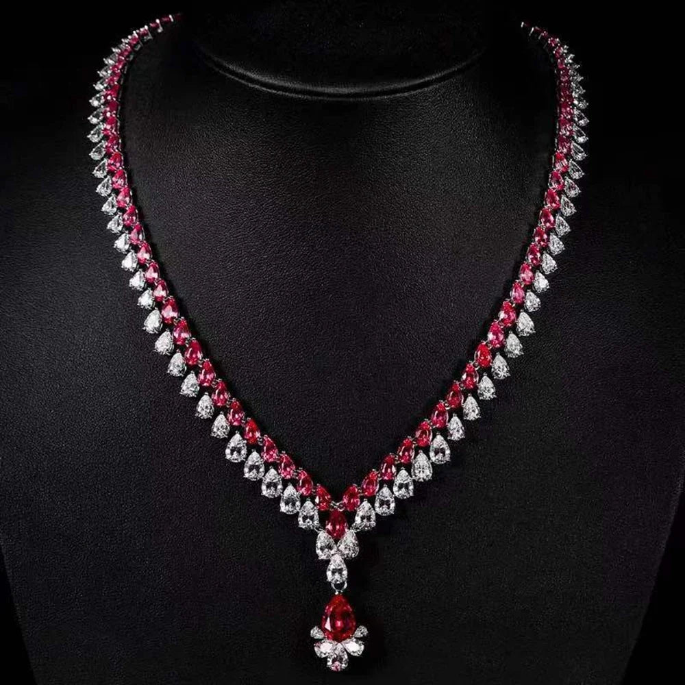 Elegant 925 Sterling Silver Blue Pear Spinel & Ruby Pendant Necklace  -  High Carbon Diamond Gemstone Jewelry