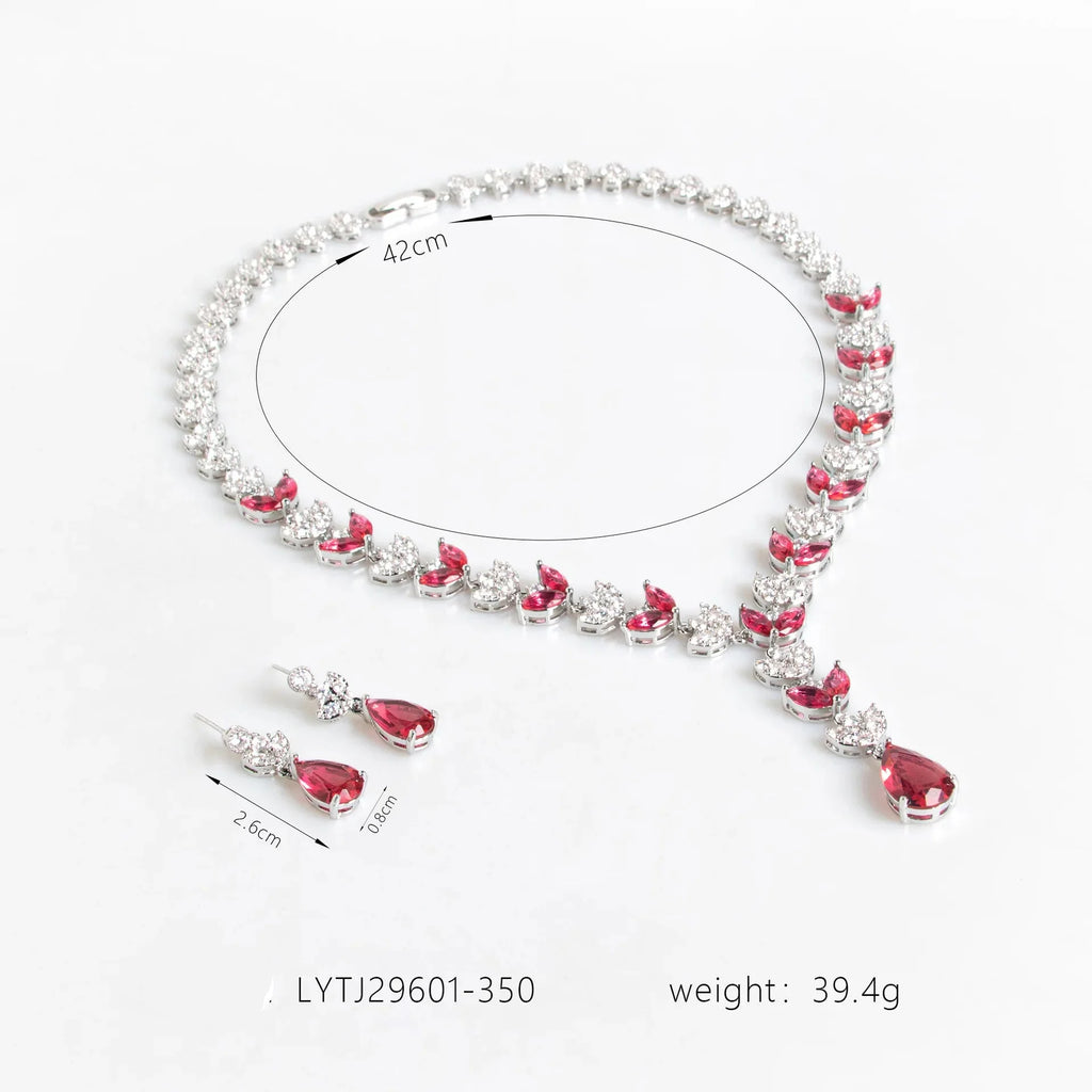 European & American Luxury Colorful Water Drop Zircon Necklace and Earrings Set Wheat-Inspired 2-Piece Bridal Jewelry for Wedding or Dinner Party Gift