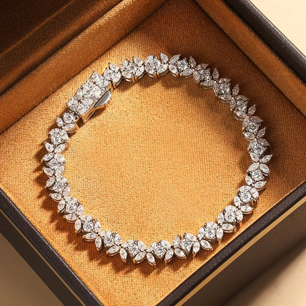 Four Petal Flower Marquise Round Cut Moissanite Diamond Tennis Bracelet for Women 925 Sterling Silver Wedding Fine Jewelry GRA