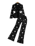 Commuter Style Two-piece Sets Women Outfits Diamond-encrusted Flower High Waist Versatile Blazer Coat+ High-waisted Trousers