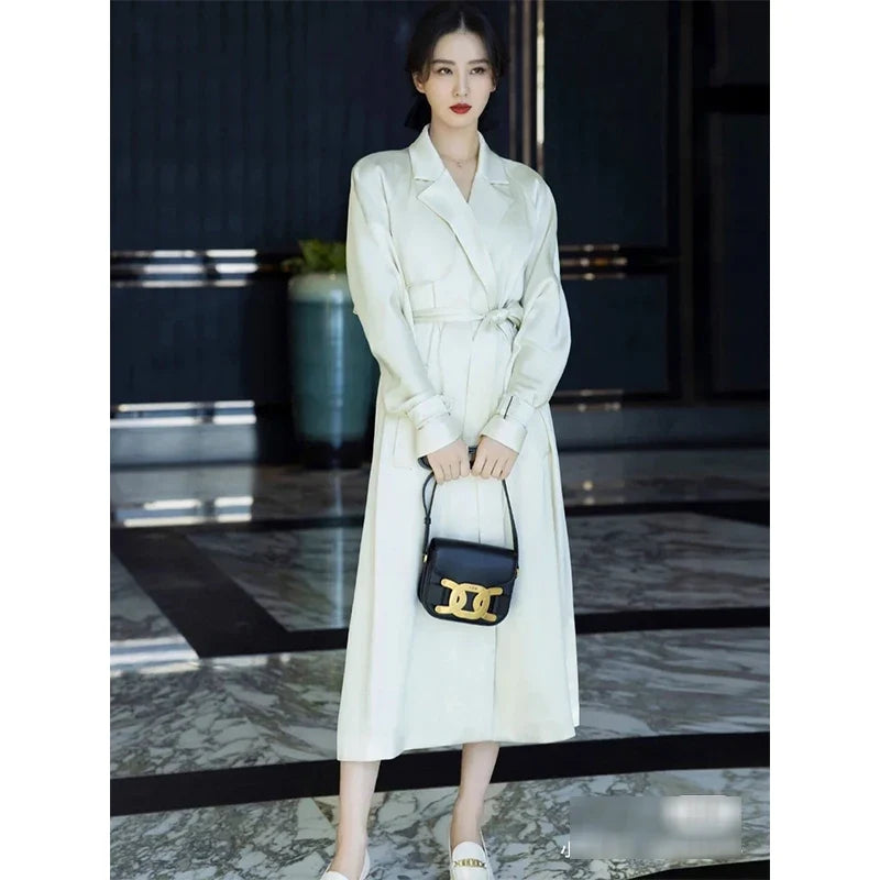 Effortless Chic Gloss 100% Heavy Silk Satin Champagne Double Breasted Belted Trench Elegant Turn-Collar Long Coat Event Outwear