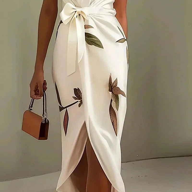 2025 Summer Tie-up Bow Long Dresses Elegant Floral Print Irregular Slim Boho Dress Woman Sexy V-Neck Knot Hollow Party Dresses