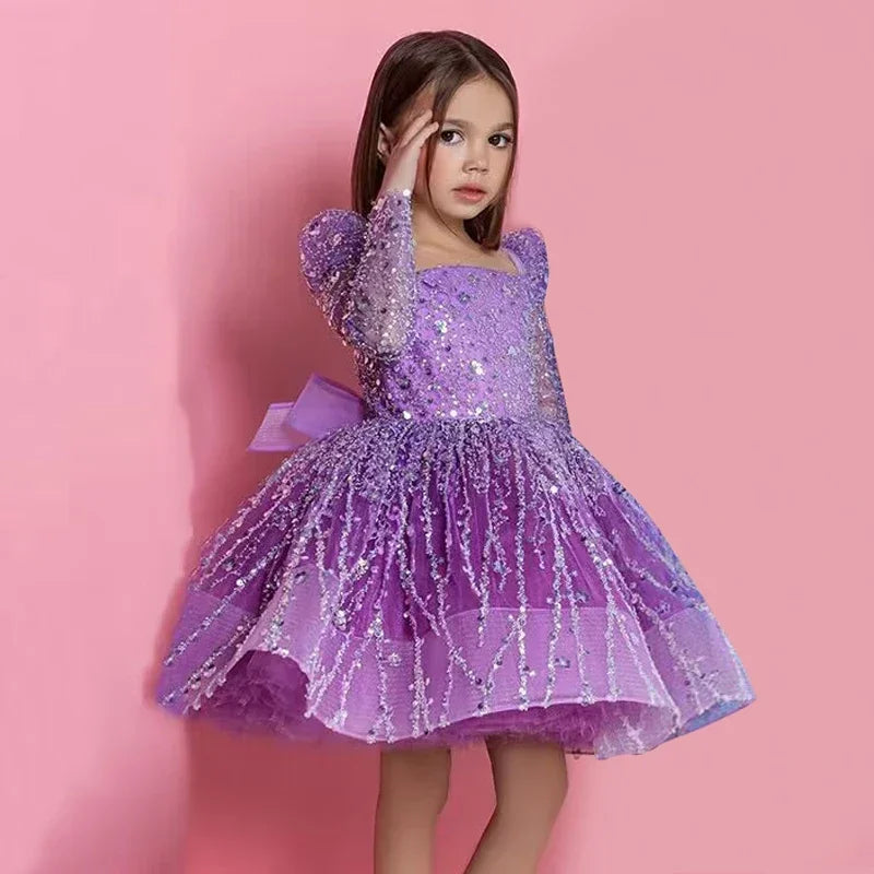 Girls Dress Sequin Mesh Long-sleeved Birthday Party  Outfit Matching BabyProm New children's Clothes Opening Ceremony